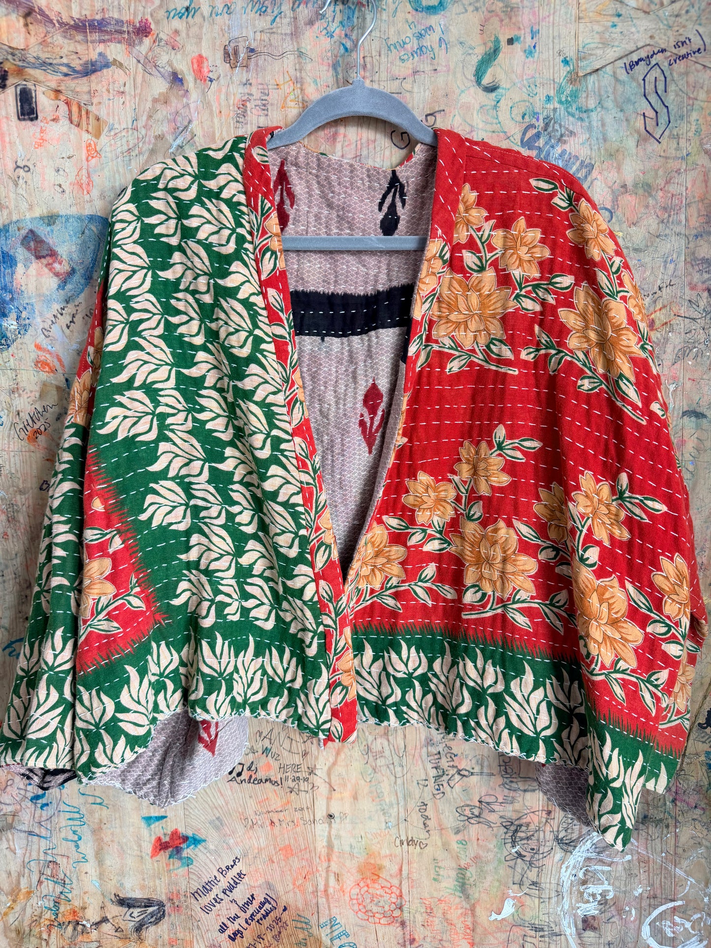 Red & Green Floral Kantha Quilt Jacket