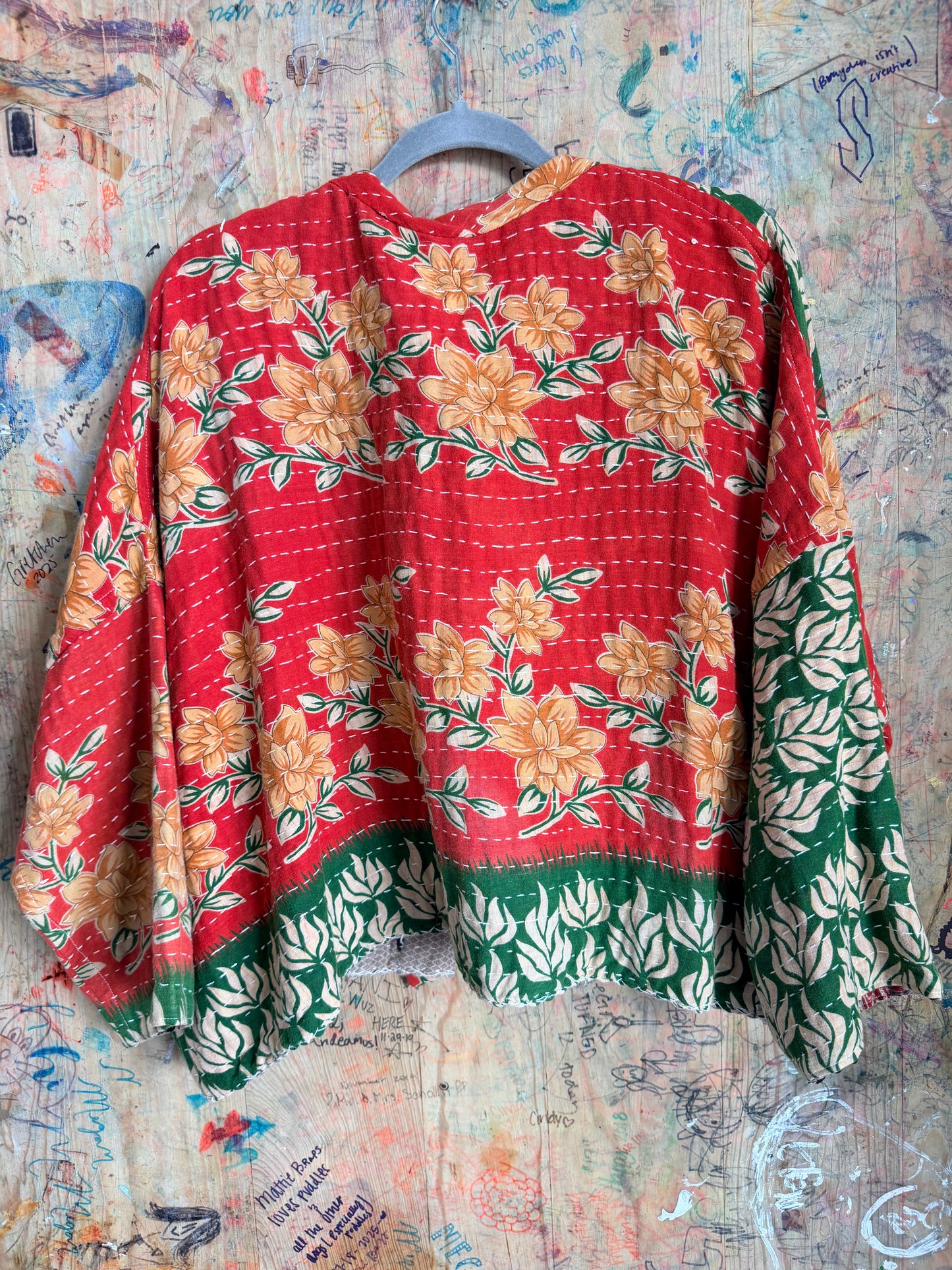 Red & Green Floral Kantha Quilt Jacket