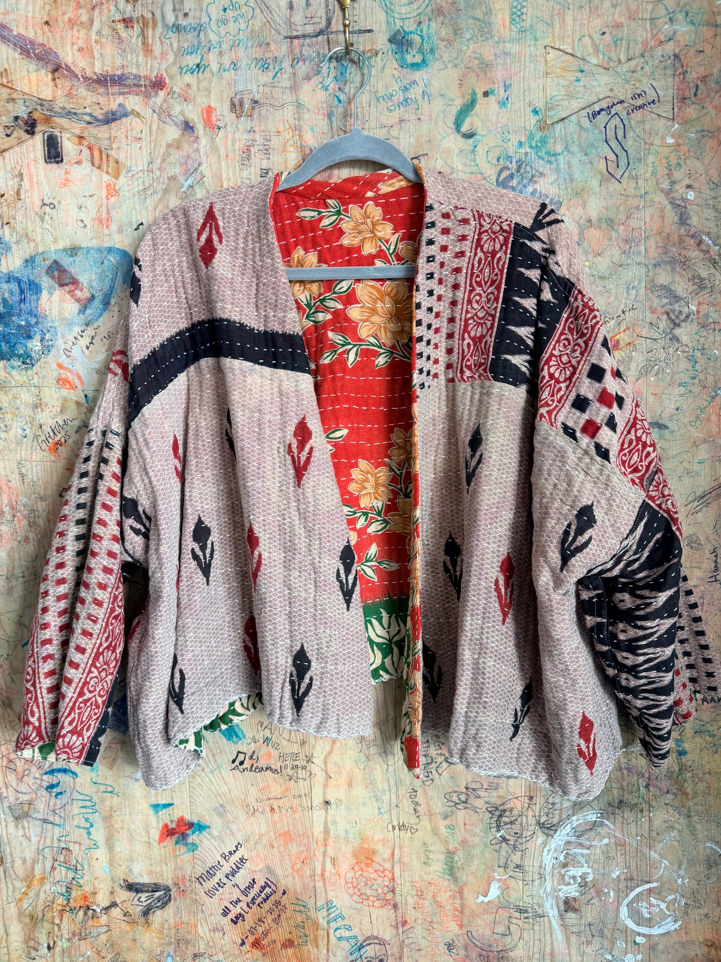 Red & Green Floral Kantha Quilt Jacket