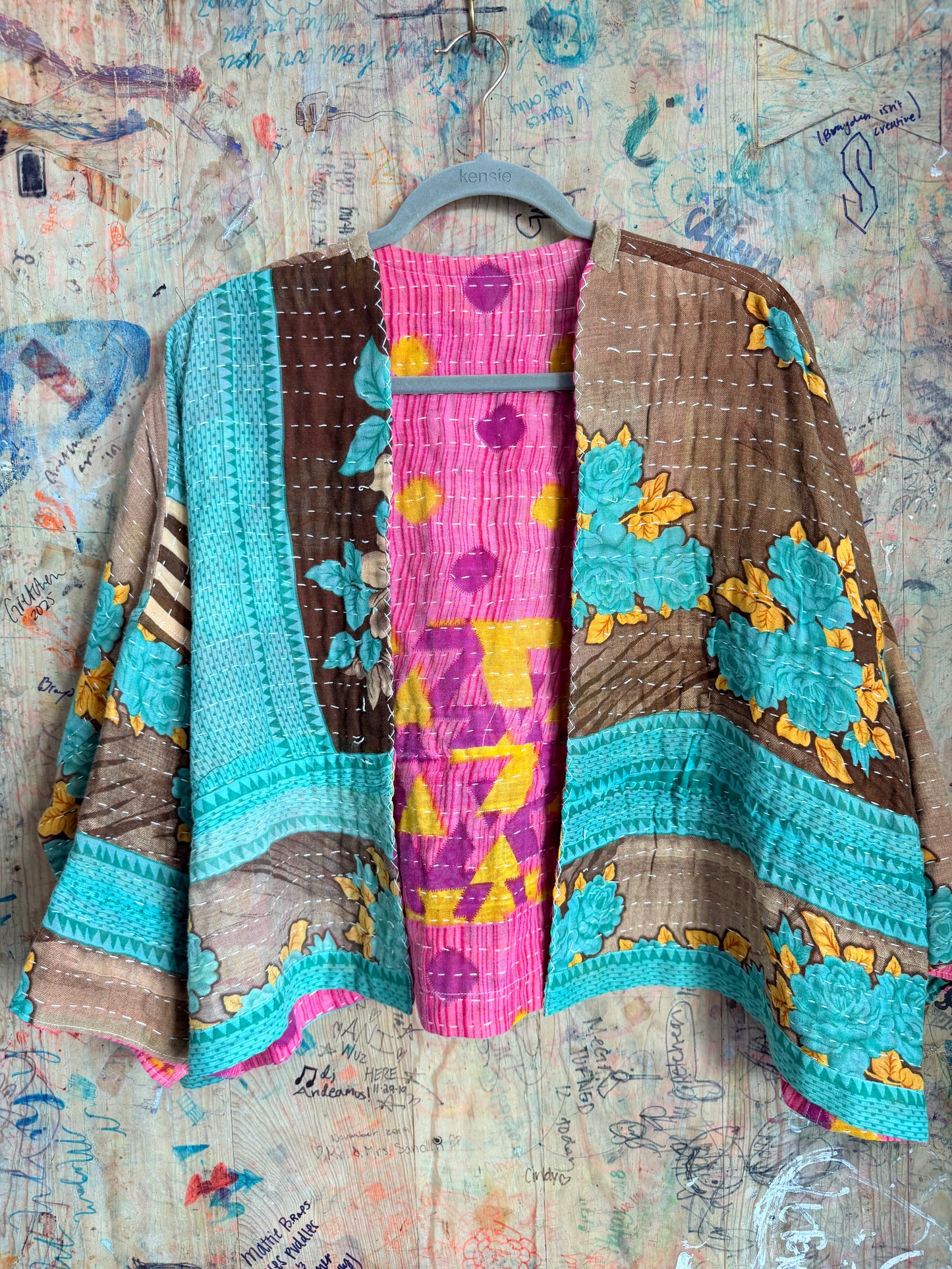 Turquoise & Brown Floral Kantha quilt Jacket