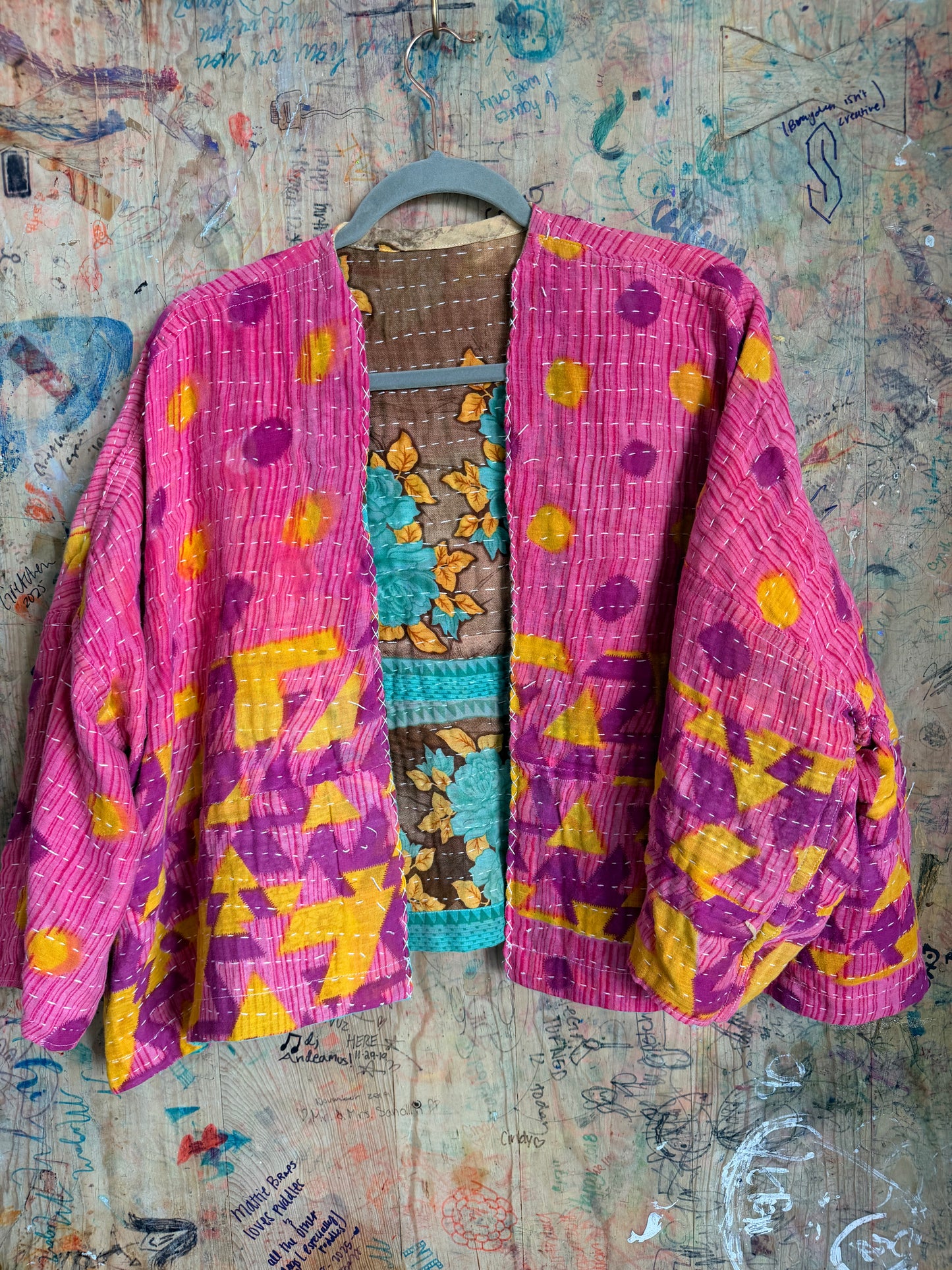 Turquoise & Brown Floral Kantha quilt Jacket