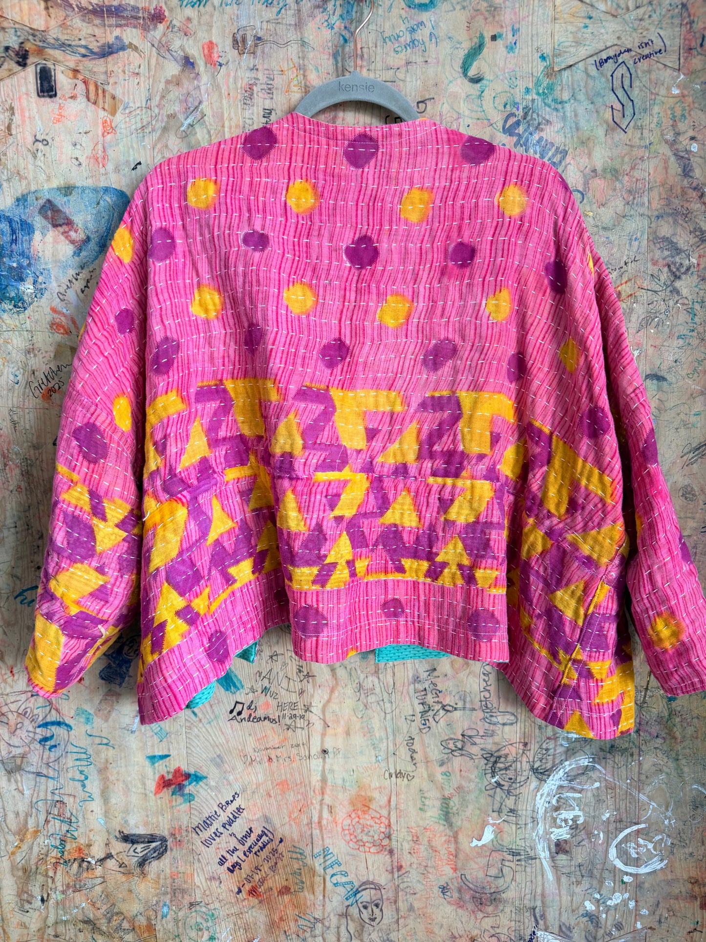 Turquoise & Brown Floral Kantha quilt Jacket