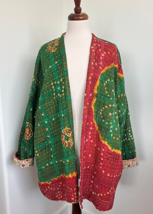 Green and Orange Kantha Quilt Jacket